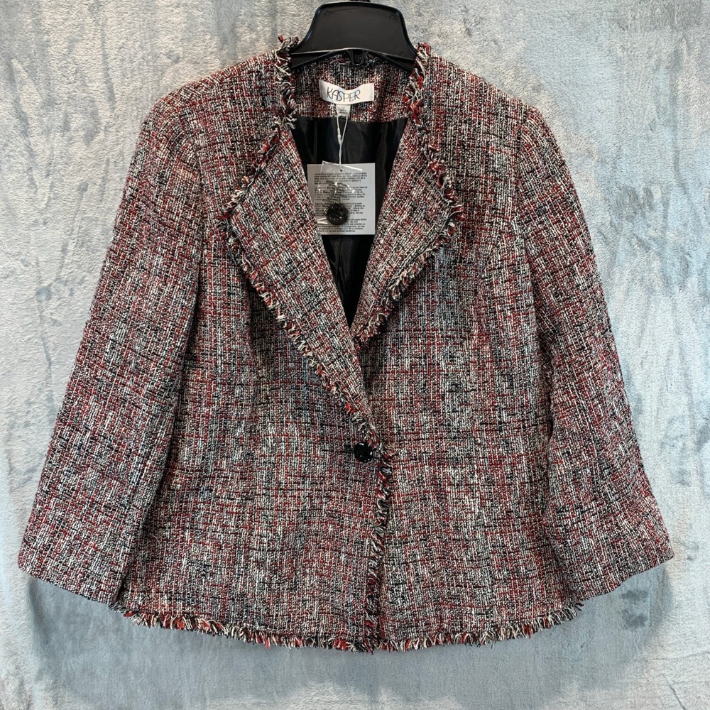 Kasper Women Fire Red Multi Tweed Fringe Trim Blazer Jacket Size 12 10918393-0NP